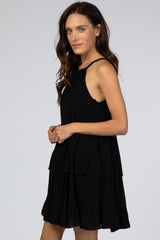 Black Halter Neck Tie Tiered Dress