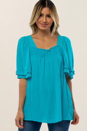 Turquoise Square Smocked Neck Ruffle Sleeve Top