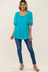 Turquoise Square Smocked Neck Ruffle Sleeve Top