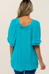 Turquoise Square Smocked Neck Ruffle Sleeve Top