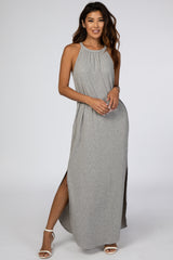 Grey Ribbed Halter Neck Curved Hem Maternity Maxi Dress