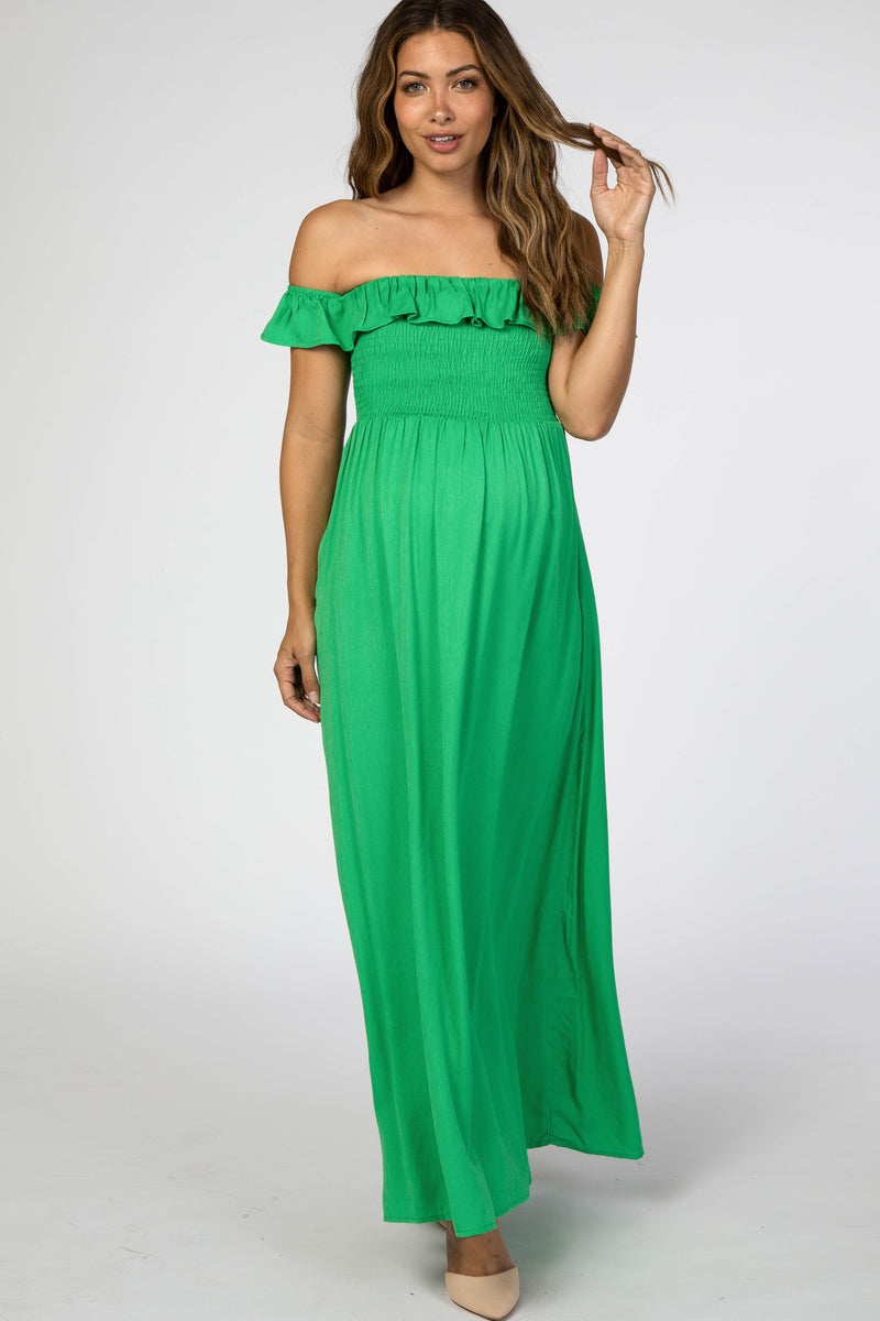 Green Off Shoulder Smocked Maternity Maxi Dress – PinkBlush