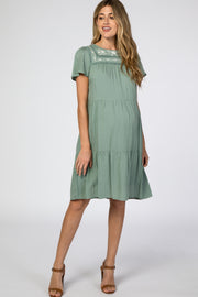 Light Olive Floral Embroidered Maternity Dress