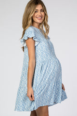 Blue Floral Tiered Ruffle Accent Maternity Dress