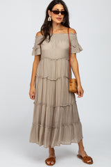 Taupe Off Shoulder Tiered Maxi Dress