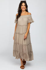 Taupe Off Shoulder Tiered Maternity Maxi Dress