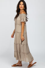 Taupe Off Shoulder Tiered Maxi Dress