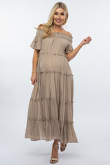 Taupe Off Shoulder Tiered Maternity Maxi Dress