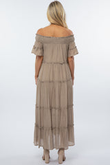 Taupe Off Shoulder Tiered Maternity Maxi Dress