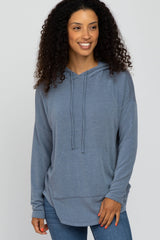 Blue Front Pocket Maternity Hooded Long Sleeve Top