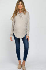 Beige Front Pocket Maternity Hooded Long Sleeve Top