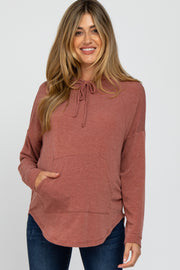 Rust Front Pocket Maternity Hooded Long Sleeve Top