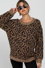 Brown Animal Pattern Crewneck Maternity Sweater