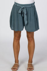 Blue Waist Tie Maternity Shorts