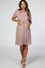 Mauve Short Sleeve Waist Tie Maternity Dress