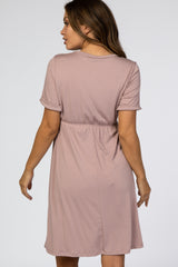 Mauve Short Sleeve Waist Tie Maternity Dress