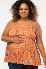 Orange Floral Print Tiered Maternity Plus Tank Top