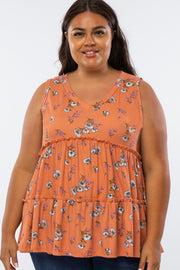 Orange Floral Print Tiered Plus Tank Top