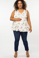 White Floral Print Tiered Maternity Plus Tank Top