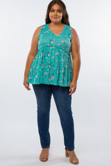 Mint Green Floral Print Tiered Plus Tank Top