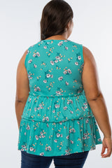 Mint Green Floral Print Tiered Plus Tank Top