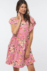 Mauve Floral Ruffle Sleeve Babydoll Dress