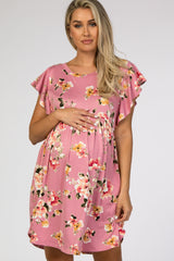 Mauve Floral Ruffle Sleeve Babydoll Maternity Dress