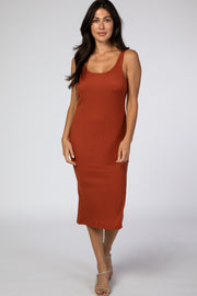 Rust Ribbed Knit Side Slit Midi Dress