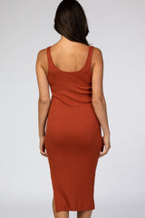 Rust Ribbed Knit Side Slit Midi Dress