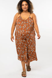 Brown Floral Crop Maternity Plus Jumpsuit