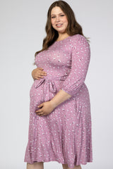 Lavender Floral Waist Tie Maternity Plus Midi Dress