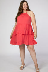 Coral Halter Neck Tie Tiered Maternity Plus Dress