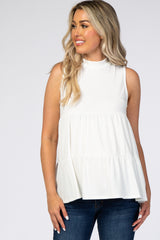 Ivory Ribbed Mock Neck Tiered Maternity Top