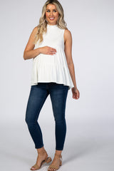 Ivory Ribbed Mock Neck Tiered Maternity Top