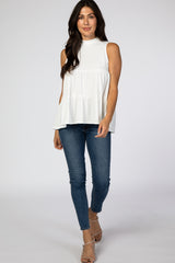 Ivory Ribbed Mock Neck Tiered Top