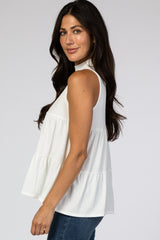 Ivory Ribbed Mock Neck Tiered Top