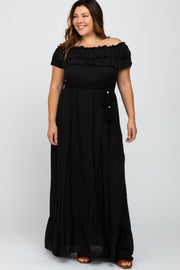 Black Off Shoulder Tassel Tie Plus Maxi Dress