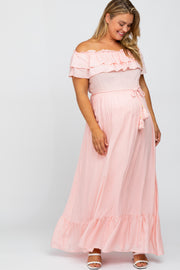 Pink Off Shoulder Tassel Tie Maternity Plus Maxi Dress