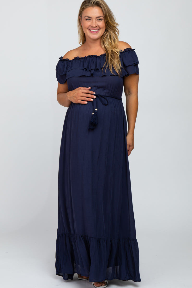 Navy Off Shoulder Tassel Tie Maternity Plus Maxi Dress – PinkBlush