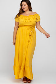 Yellow Off Shoulder Tassel Tie Plus Maxi Dress