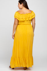 Yellow Off Shoulder Tassel Tie Plus Maxi Dress