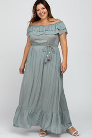 Sage Off Shoulder Tassel Tie Plus Maxi Dress