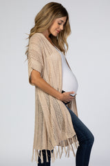 Taupe Open Crochet Knit Tassel Maternity Cardigan