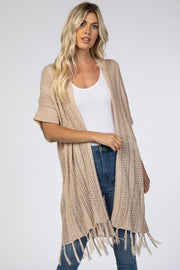 Taupe Open Crochet Knit Tassel Cardigan