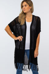 Black Open Crochet Knit Tassel Maternity Cardigan