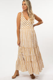 Yellow Plaid Tiered Maternity Maxi Dress