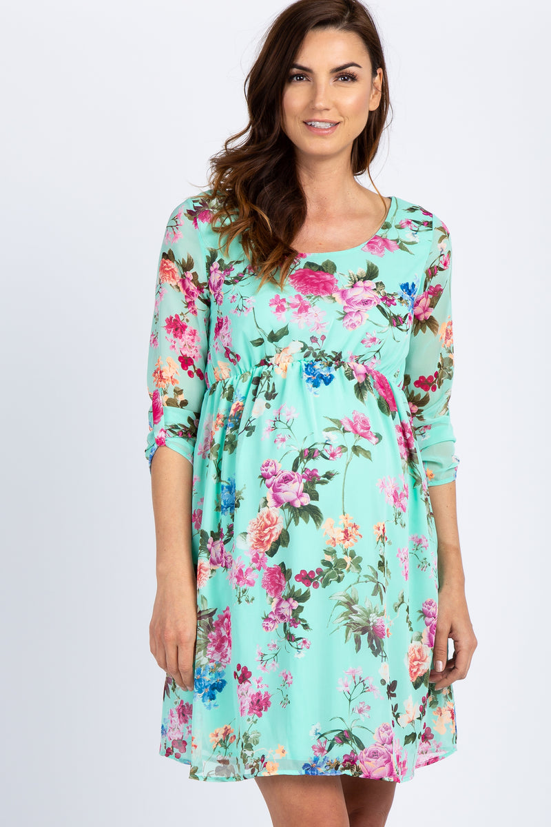 PinkBlush Mint Floral Chiffon Maternity Dress