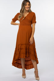 Rust Smocked Ruffle Hi-Lo Maternity Midi Dress