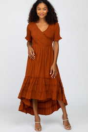 Rust Smocked Ruffle Hi-Lo Midi Dress