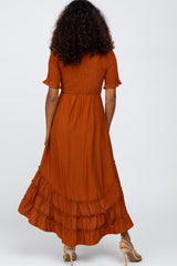 Rust Smocked Ruffle Hi-Lo Midi Dress